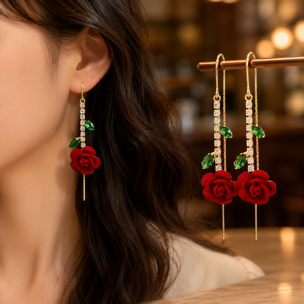 Pendientes “Rosa Pasión” – Flor Roja & Brillo Dorado