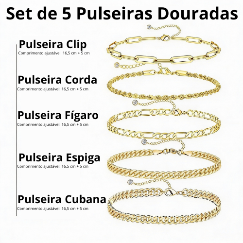 Set Aura Dourada – 5 Pulseiras Douradas