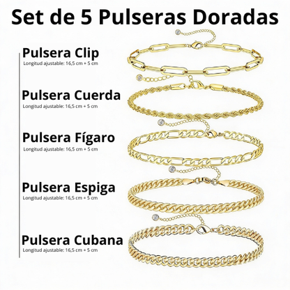 Set Aura Dorada – 5 Pulseras Doradas