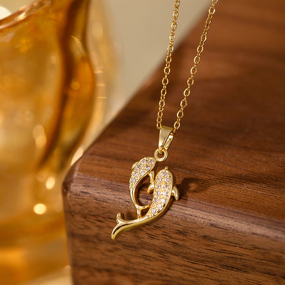 2 Collar Delfines del Amor – Acero Inoxidable & Baño de Oro 18K